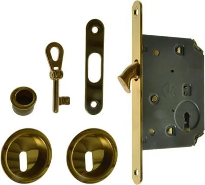 Produktbild von Schiebetürschloss + Rundgriffe mit Knickschlüssel gold