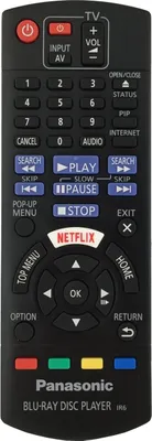 A black Panasonic Blu-Ray remote control is shown against a black background.