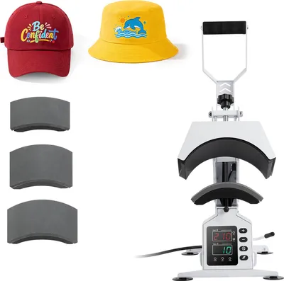 Immagine prodotto di SucceBuy Pressa per cappellini 580 W, pressa per cappelli con 4 piastre riscaldanti intercambiabili, pressa per cappellini con controllo della temperatura e del tempo, pressa a trasferimento per cappelli, fasce per la testa, mascherine e progetti fai da te, pressa riscaldante bianca