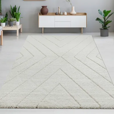 Image de Élégance intemporelle : tapis 3D élégant avec motif scandinave en losange blanc et crème-beige Taille - 160 cm Rond