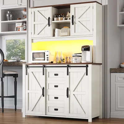 Image de OKWISH Buffet - Buffet de Cuisine Haut avec Portes Coulissantes et Éclairage LED Intégré, Armoire Rangement 115x40x174,7 cm, Blanc