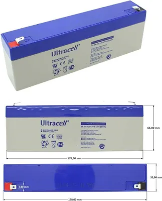 Three views of a sealed lead-acid battery with dimensions shown.