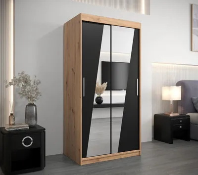 Produktbild von Kleiderschrank mit Spiegeln ERIKA – Breite 100 cm, Eiche artisan / schwarz