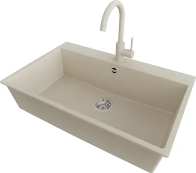 Produktbild von PRIMAGRAN Granitspüle Beige 78x50cm, Spülbecken 1 Becken + Küchenarmatur 32x20cm + Ablauf-Set, Küchenspüle ab 80er Unterschrank - Riga