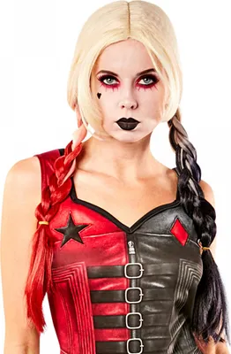 Produktbild von Harley Quinn Perücke mit Zöpfen Rot-Schwarz