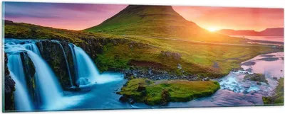 Produktbild von Bilder auf glas - Sonnenuntergang Wasserfall Island Vulkan - 90x30cm - Glasbilder - Wandbilder - Kunstdruck - Wanddekoration aus Glas - Glas Bilder - Wandbild auf Glas - GAB90x30-2963