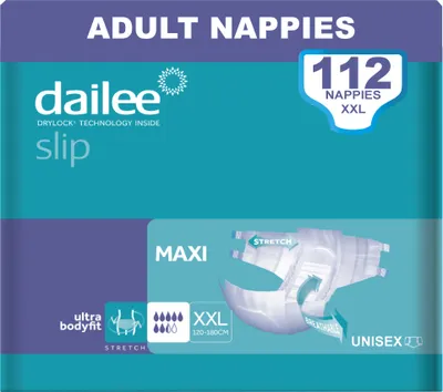 Zdjęcie produktu dla Dailee Slip Maxi XXL - 112x pieluchomajtki dla dorosłych - nietrzymanie moczu dla kobiet i mężczyzn - 7,5 kropli (obwód bioder 130-190 cm)