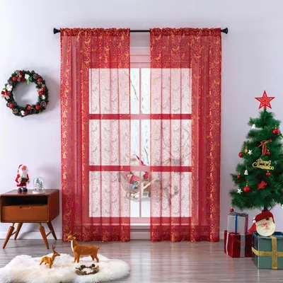 Produktbild von Vorhänge 2er Set Weihnachten Muster Transparenter Voile Stangendurchzug Gardinen für Wohnzimmer Schlafzimmer, Rot, B107xH217cm