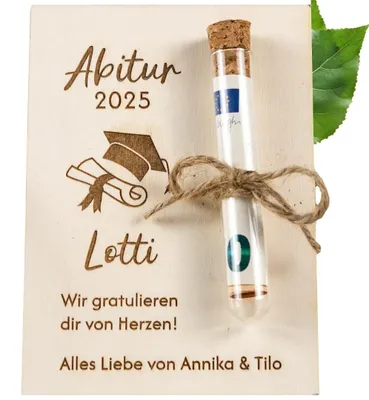 Produktbild von Personalisierte Geldgeschenk zur Abschlussfeier – Holzkarte mit Reagenzglas