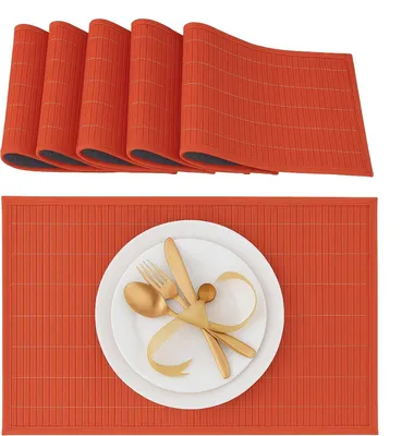 Productafbeelding van Placemat set van 6 stuks - Bamboe - Antislip onderkant - Afwasbaar - BxD 30 x 45 cm - Houten onderleggers - Rood