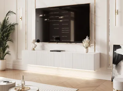 Produktbild von Idohome TV-Lowboard Angel 200 cm Weiß Matt -TV-Schrank, Hängeschrank, LED, Push-to-Open, Fernsehschrank, geriffelte Front, Medienmöbel, Wohnzimmer