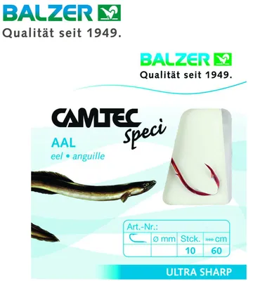 Produktbild von Balzer Camtec Aalhaken 60cm rot - 10 gebundene Angelhaken, Hakengröße/Schnurdurchmesser:Gr. 8 / 0.25mm