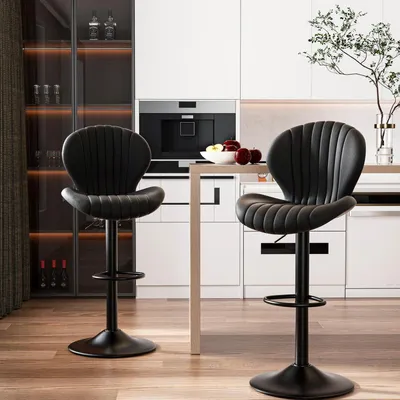 Produktbild von Barhocker 2er Set Höhenverstellbar mit Lehne 360° Drehbar Stoff Schwarz