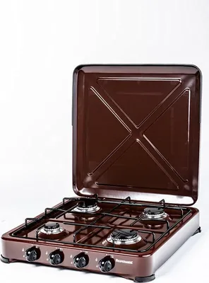 A brown four-burner portable gas stove with its lid open.