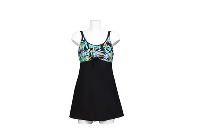 Produktbild von Pacific Fashion Badekleid mit eingesetzten Badeanzug, Multicolor schwarz-bunt, platzierter Print am gerafften Dekolleté 31670, Größe 42 B