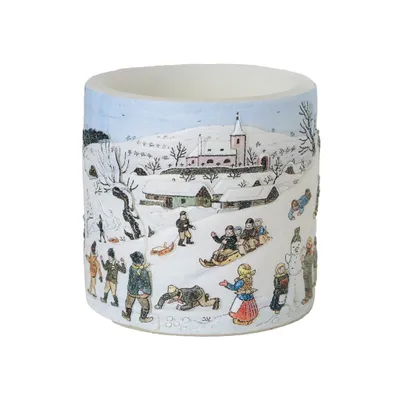 A ceramic pot decorated with a winter scene of children playing in the snow.