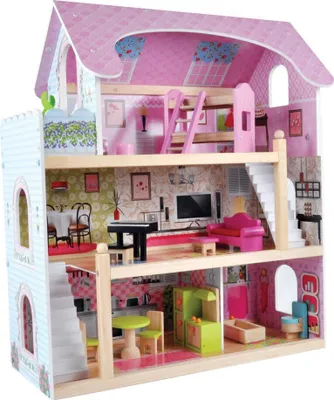 Produktbild von Bandits & Angels Puppenhaus „Rosa Engelsvilla“ aus Holz, ab 3 Jahren, 70 cm hoch – inklusive 15 Möbelstücken – Puppenhaus – Puppenspielzeug