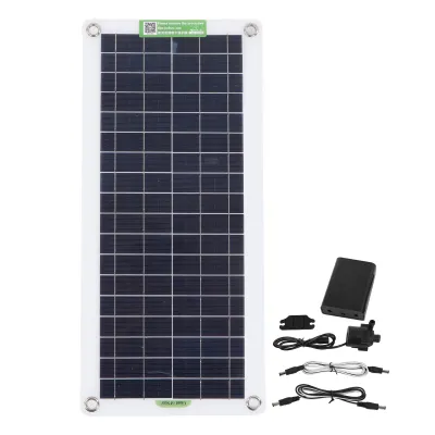 A solar panel kit with a small water pump and accessories, laid out on a white background.