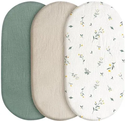 Productafbeelding van Ibenzoa® 3-delige set baby-spannenlakens van 100% mousseline-katoen, 83 x 43 x 10 cm – zacht, ademend en elastisch, geschikt voor babywieg, wieg en bijbed