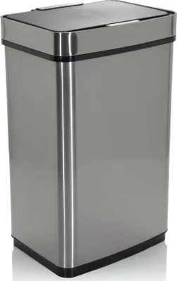 A rectangular stainless steel trash can with a black lid and base, shown from a three-quarter angle against a white background.