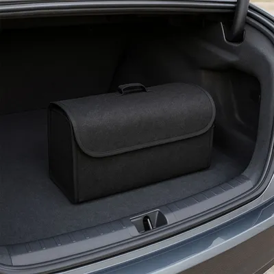 Produktbild von Auto Kofferraumtasche faltbar – Aufbewahrungsbox mit Klettverschluss & Tragegriff – aus Teppichstoff – Organizer für Auto 2 Farben – stabil & kompakt