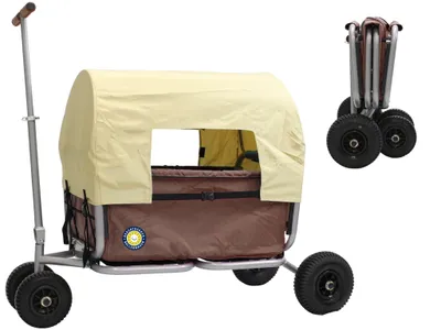 Produktbild von Beachtrekker LiFe faltbarer Bollerwagen, klappbarer Handwagen (Braun) + Feststellbremse + Sonnenverdeck