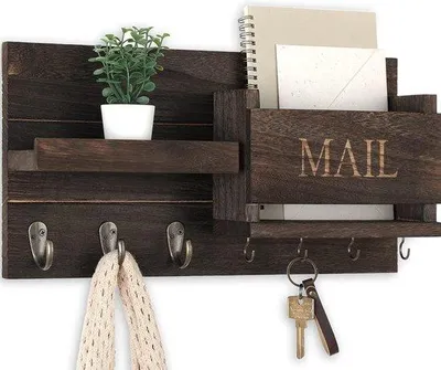 Produktbild von Postorganizer mit Holzschwung - Rustikales Holz - Landhaus-Design für Flur - Inklusive Montagekit - 42 x 23 x 9 cm (Braun)