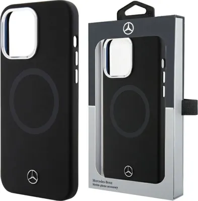 A product shot of a black Mercedes-Benz phone case in its packaging, displayed next to the case itself.