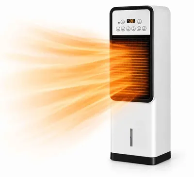 Obrázek produktu pro Zimilo 2 v 1: Keramický topný ventilátor a chladič vzduchu. Obsahuje: 3litrovou nádržku na vodu, oscilaci o 120°, časovač na 12 hodin, dálkové ovládání a technologii PTC pro rychlé ohřev, zajišťující komfort po celý rok