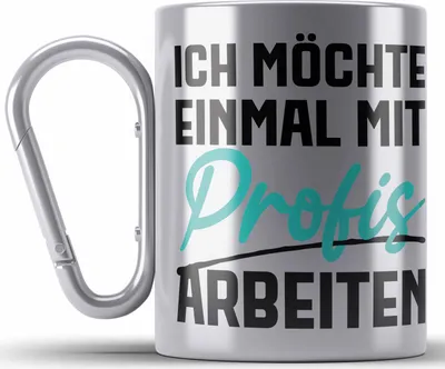 Produktbild von Trendation - Ich Möchte Einmal Mit Profis Arbeiten Edelstahl Tasse Karabiner Geschenk Kollegin Karabiner Edelstahl Tasse Karabiner Edelstahl Geschenkidee Sprüche Arbeit Büro (Silber)