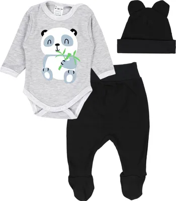 Produktbild von TupTam Baby Kleidung Set Body Strampelhose Mütze Bekleidungsset Jungen Mädchen, Farbe: Panda Grau / Schwarz, Größe: 74