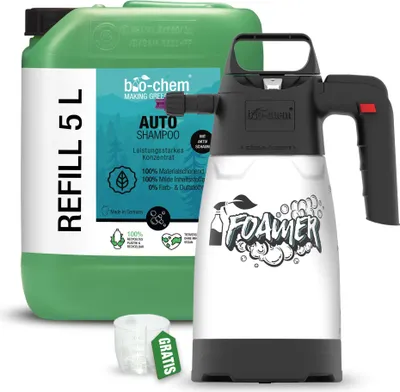 Produktbild von bio-chem AutoShampoo biologisch abbaubar – 5 L Kanister inkl. Schaumsprüher – pH-neutrales Konzentrat – Kraftvoll gegen Schmutz, schonend zum Lack – greift Wachs-Versiegelung nicht an, Germany