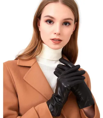 Produktbild von Damen Lammfell Leder Touchscreen Winter Fahrhandschuhe Kaschmir gefüttert Schwarz Größe M