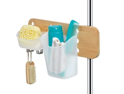 Produktbild von DomoPak Living Duschstangenorganizer Bambus, 35,5 x 13,5 x 19,5 cm, Duschablage, Duschregal, Haken und Behälter, Halterung, Holz Natur, 901081