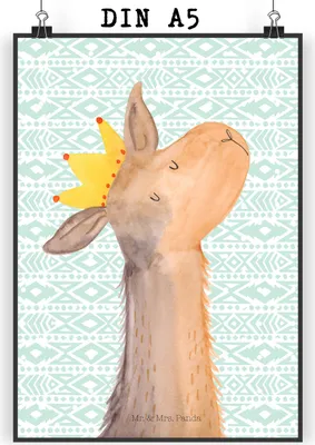 Produktbild von Mr. & Mrs. Panda Bild Lamakopf König DIN A5 - Aztekenblau - Geschenk, drucke, Mama, wanddeko, kunstdruck poster, Königin, Wandbild, Lama, Abitur, Lamas, Plakat