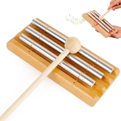 Produktbild von Klangspiel mit Holzsockel und Holzschlägel, 3-Ton Klanginstrument aus Metall und Holz, für Meditation, Achtsamkeit und Musikpädagogik