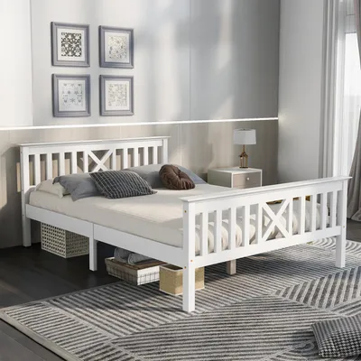 Image de OKWISH Lit Double 140x200 cm avec Tête de Lit et Sommier à Lattes - Blanc