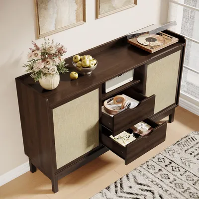 Produktbild von okwish Sideboard Flurschrank mit Schubladen ,Kommode mit Schiebetüren,Beistellschrank mit offenem Stauraum,Multifunktionales Aufbewahrungsmöbel,Natur
