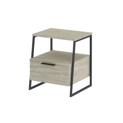 A single nightstand with a drawer and an open shelf, presented against a white background.