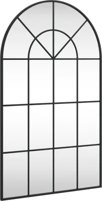 A black arched window mirror with multiple panes.