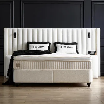 Produktbild von Boxspringbett Sheraton 180 x 200 cm Komplettset Cremeweiß Voll-orthopädisches Komfortbett mit Bettkasten, Stauraum, inkl. Lieferung und Montage