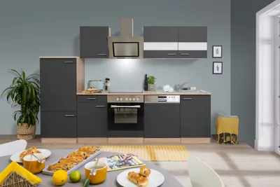 Produktbild von Küche Küchenzeile Küchenblock Einbauküche Eiche Schwarz Merle 280 cm Respekta