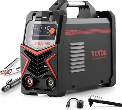 A VEVOR MMA-140 welding machine with accessories is displayed against a white background.