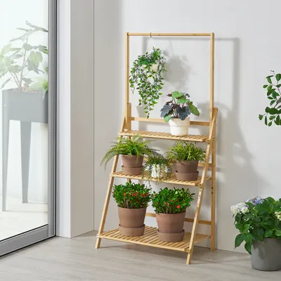 Immagine prodotto di Scala per piante Brändö 3 livelli 144 x 70 x 39,5 cm Scala per fiori Supporto per fiori Scaffale per fiori con 3 livelli per interni autoportante Bambù naturale
