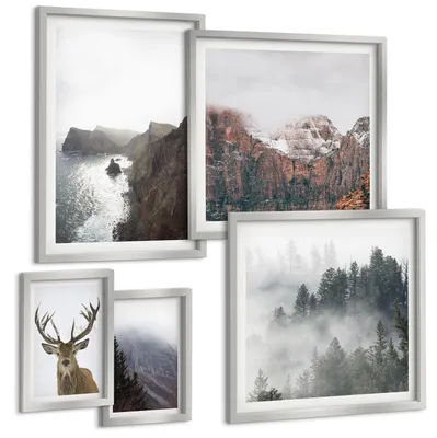 Produktbild von Bilder Set 5-teilig im silbergerahmten Rahmen – Wandbilder 5 Stück – gerahmte Poster für Wohnzimmer, Schlafzimmer und Flur – 50x50 cm - 40x60 cm – Berglandschaft Nebel Hirsch