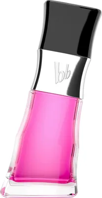 A studio shot of a pink perfume bottle with a black cap and silver accents.