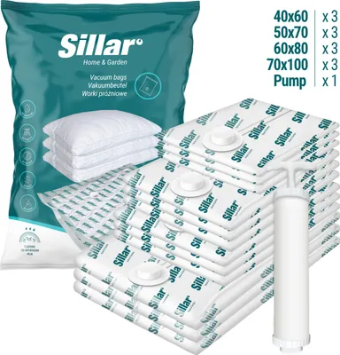 Obrázok produktu pre Sada vákuových vreciek na odevy Sillar | vákuové vrecká na odevy so vzduchotesným ventilom - rôzne veľkosti - 12 kusov + pumpa