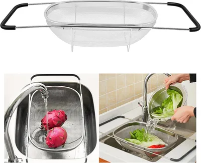 Produktbild von Ovales Sieb aus rostfreiem Edelstahl für die Spüle, ausziehbar zum Waschen, Abtropfen und Abseihen von Obst und Gemüse