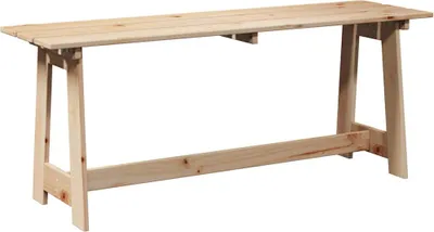 A simple wooden bench on a white background.