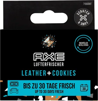 Produktbild von AXE Refillable Vent Leather + Cookies, Lüfterstaberfrischer, Vent, Schwarz, Aluminium, 30 Tag(e), Karton mit Aufhänger